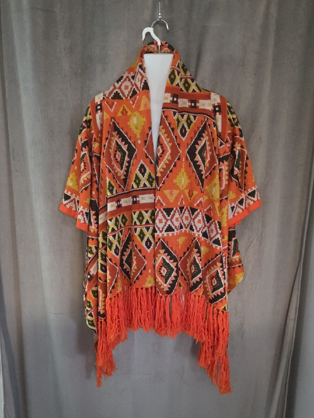Orange Aztec Fringe Poncho Ptp 19"